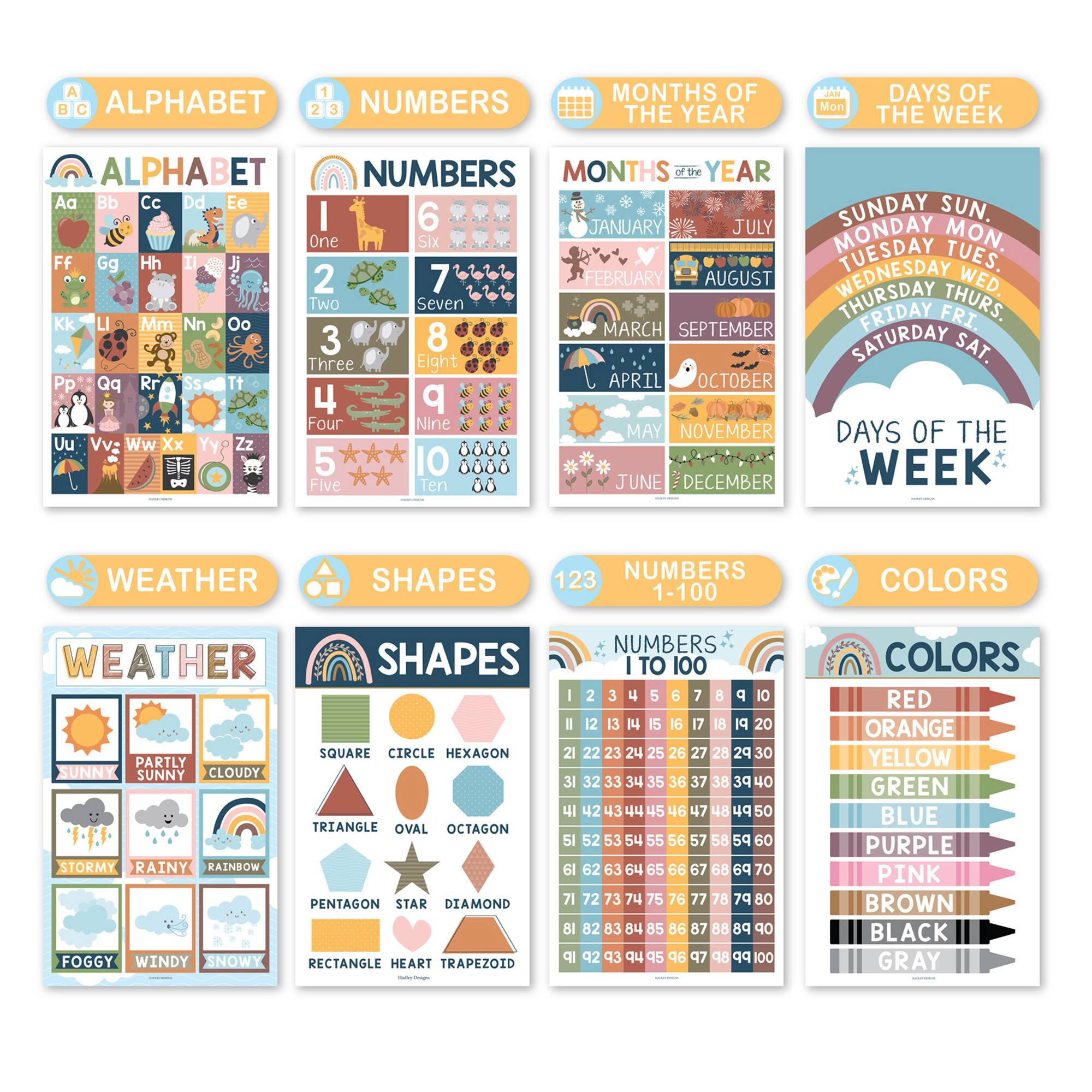 Hadley Designs 11" x 17" Boho Preschool Educational Laminated Posters for Toddlers Set
